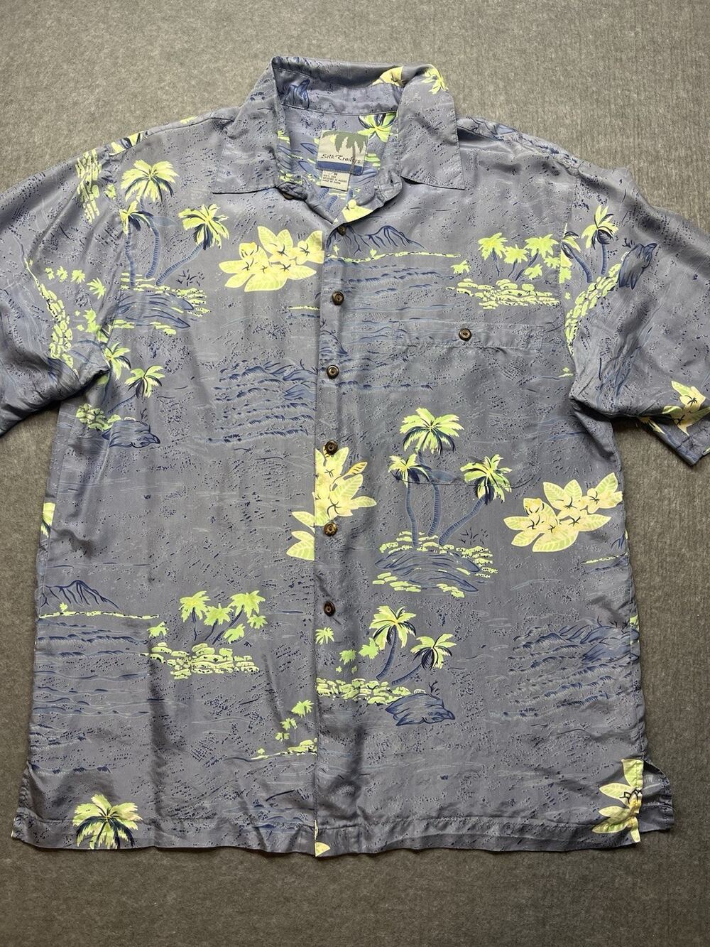 EXCELLENT Silk Traders Mens M 100% Silk Hawaiian Shirt Cornflower Blue Tropical